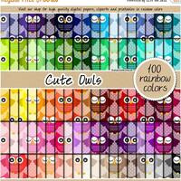 100 Owl digital paper owl printable pattern rainbow digital paper bird digital paper owl clipart pap