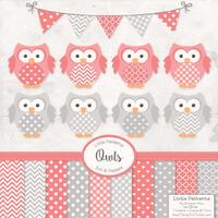 Premium Owl Clipart, Vectors & Digital Papers in Coral with Grey - Coral Owl Clip Art, Owl Vecto