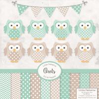 Premium Owl Clipart, Vectors & Digital Papers in Mint with Tan - Mint Green Owl Clip Art, Owl Ve