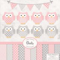 Premium Owl Clipart, Vectors & Digital Papers in Soft Pink with Grey - Baby Pink Owl Clip Art, O