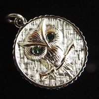 Vintage Silver Tone Owl Charm / Pendant with Emerald Green Rhinestone Eyes