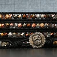 owl bracelet - mixed metallic czech crystal on black leather wrap bracelet - copper, bronze, silver,