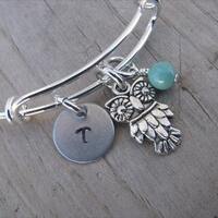 Owl Bangle Bracelet: Hand-Stamped Initial, Adjustable Charm Bangle