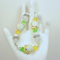 Owl Bracelet with Crystal, Glass, Rhinestone and Metal Beads in Tones of Green, Yellow and Silver  w