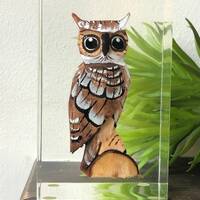 Vintage Paper Weight Carved Owl Hand Crafted Wooden Owl Lucite Japan 1970's Great Horned Owl *Fr