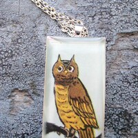 Hoot Owl Vintage TextBook Watercolor Illustration Silver Pendant Necklace
