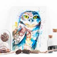 Burrowing owl watercolor painting print by Slaveika Aladjova, art, animal, illustration, bird, home 