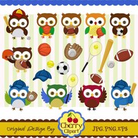 Sports Owls Clip Art Set: Digital Graphics for Commercial Use