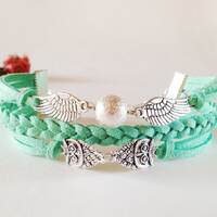 Little Owl Bracelet Wings Bracelet Mint green bracelet Mint suede bracelet Silver charm bracelet Fri