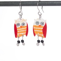 Whimsical Owls Stainless Steel Earrings Playful Orange Stripes, Hand Painted Enamel Dangle Style Art