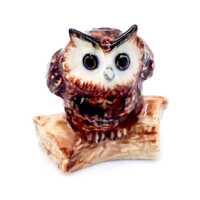 Miniature Ceramic Owl Wood Log Bird Animal Little Brown Figurine Tiny Statue Small Decoration Hand P