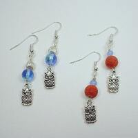 Silver Plate Earrings with Owls in Silver or Copper Earrings with Beads matching Blue and Orange Owl