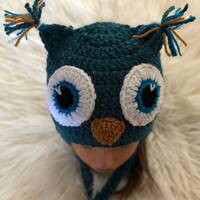 Owl Hat, Crochet Owl Hat, Owl Beanie, Blue Owl Crochet Hat