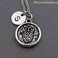 Owl charm necklace, owls, owl charm jewelry, birds, initial necklace, initial hand stamped, personal