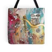 Owl tote bag boho Style bag surreal owl art tote original mixed media painting artist tote bohemian 