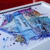 Rainbow owls, zentangle art. Print of my watercolor painting.