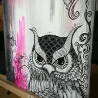 Owl stand by you, pink abstract zentangle owl art. Original zendoodle painting by me.