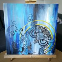 Owl be there for you. Zentangle art, zendoodle owl blue gold abstract. Original painting.