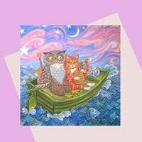 Owl and Pussycat Art Card, Valentine's Day, Plastic Free