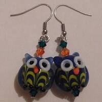 OOOO So Cute! Blue Lampwork Owls With Swarovski Crystals Earrings