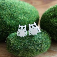 White Owl Earring Studs, Owl Earrings, quirky jewellery, mismatched earrings