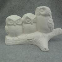 Ceramic Owl Group On Log (unfinished)