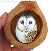 Barn Owl's Nest | Unique 3-D Art Totally Hand Painted by the Artist Roberto Rizzo | Rock Art Owl