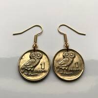 1973 Greece Drachma coin earrings Greek little owl of Athena Phoenix Crete Hellenic Macedonia Pelopo