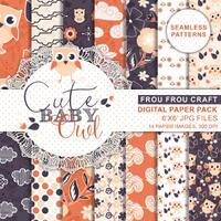 Cute Baby Owl Digital Paper Pack Seamless Patterns Instant Download Vintage Retro Purple Orange Cham