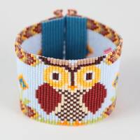 Woodland Owl Bead Loom Bracelet OOAK Artisanal Jewelry Bird Motif Beaded Boho Bohemian Animals Autum