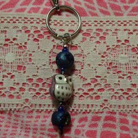 Ceramic Owl with Blue-Dyed Geodes Key Ring/Zipper Pull (C25)