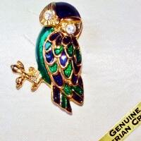 Owl Brooch Enameled Green & Blue Genuine Austrian Crystal Eyes Vintage NOS Goldtone Metal Pin Bi