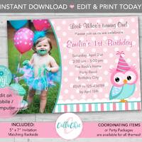 Owl Birthday Invitation PRINTABLE Editable Template with Photo - Girl 1st Birthday - Pink Turquoise 