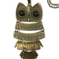 Long Owl Necklace, Ancient Jewelry Statement Necklace, Gold Necklace with Owl Pendant, Night Owl Jew