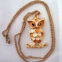 Vintage 1970s Owl Necklace: Cream Enamel & Gold Tone, 17" Chain