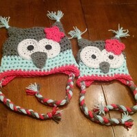Mint/Coral/Gray Baby, Newborn, Infant, Toddler Owl hat with horns and braids. Gray, Mint, and Coral 