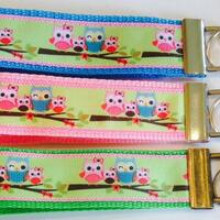 Owls Family Ribbon Wristlet Green KeyFob/Lanyard , Luggage/Backpack Tag, Teacher Badge/Whistle Hold