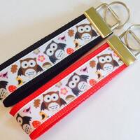 Owls & Mushrooms Ribbon Wristlet KeyFob/Ring/Lanyard , Luggage/Backpack Tag, Teacher Badge/Whist