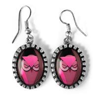Pink Sleepy Paper Craft Owl Antique Silver Glass Dangle Fantasy Earrings 242-SOE