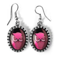Adorable Pink Sleepy Cartoon Owl Oval Antique Silver Glass Dangle Paper Craft Fantasy Earrings 242-S