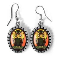 Retro Cartoon Owl Oval Antique Silver Glass Dangle Halloween Earrings 144-SOE