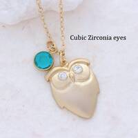 Gold owl Necklace - Gold Owl Charm with Sparkle CZ Eyes, Choose Personalized Charms Initial or birth