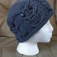 Crochet Owl Hat, Gray Knit Beanie, Adult Winter Hat