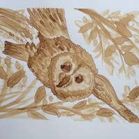 Owl in Flight Coffee Art Original  Coffee and Ink on Canvas Artist's Paper