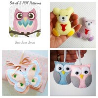 Felt Butterfly, Owl, Teddy Bear Sewing Patterns: Set of 3 (PDF Download)