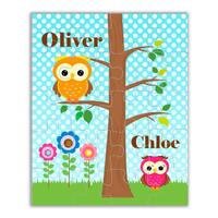 Owl Puzzle - Blue Polka Dots Pink Orange Twin Owls, Kids Two Woodland Birds Owl Personalized Puzzle,