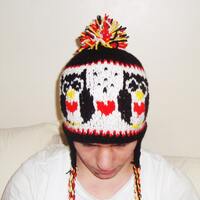 Hand Knit Owl Hat with Ear Flaps: Black, White, Red Hearts