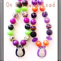 SALE--Hoot, Hoot Hooray For Halloween Chunky Bead Necklace With Owl Pendant