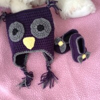 Crochet Owl Hat and Booties Set: Purple Baby Girl Gift