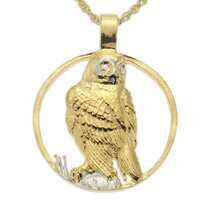 Snowy Owl Pendant and Necklace, Hand Cut Private Mint Medallion, 14 Karat Gold and Rhodium Plated, 1